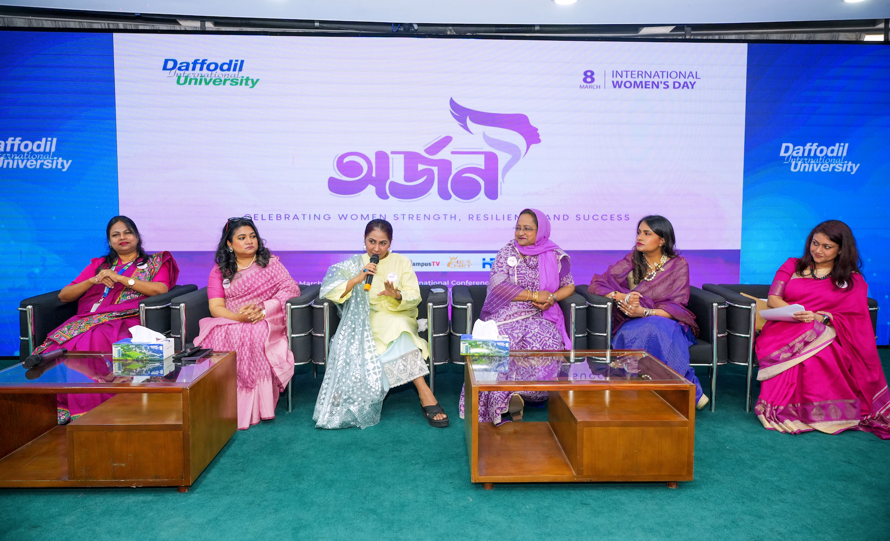 Caption: Panelists at DIU’s International Women’s Day 2025 event, including Ms. Shamim Ara Khanom, Ms. Zarin Kareem, Ms. Alisha Pradhan, Ms. Razia Sultana, Professor Dr. Liza Sharmin, and Ms. Anubhab Rahman.
